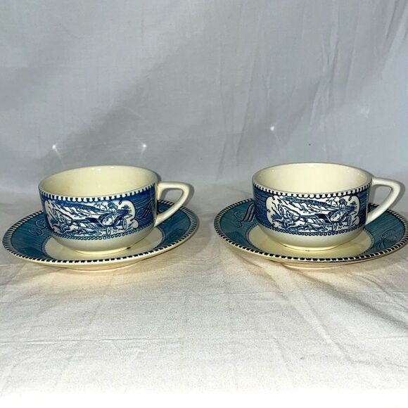 Currier and Ives blue Two Cup and Saucers by Royal (USA) - Picture 1 of 8